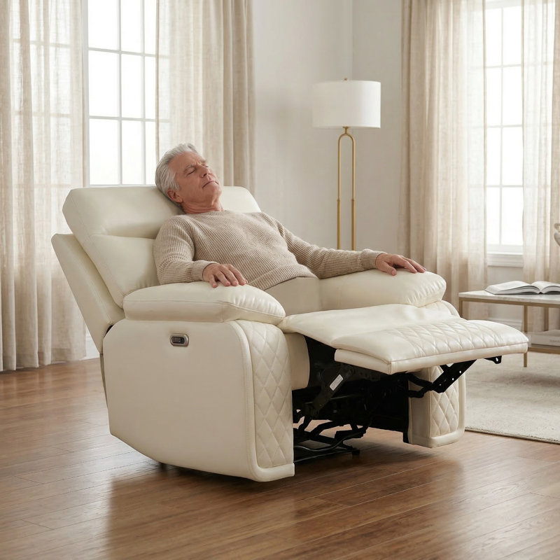 Power Leather Recliner Sofa Chair, Living Room Furniture Sets, Breathing Leather Reclining Couch Chair, Single Recliner With Padded Arm/Charging Port/LED For Home Theater/Office, Cream White