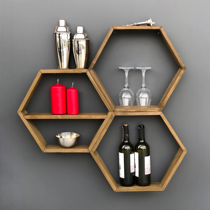 Handmade Wall Shelf Set (3 Pieces), Walnut Finish, 14.6 x 14.6 x 3.9 inches | 100% Spruce Wood, Wall-Mounted, Modern Geometric Design | Perfect for Home Decor & Displaying Treasures in Style