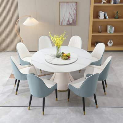 Table de salle à manger 59,05 "en pierre artificielle moderne avec table tournante ronde de 31,5" avec piédestal exquis en bois et métal avec 8 chaises.