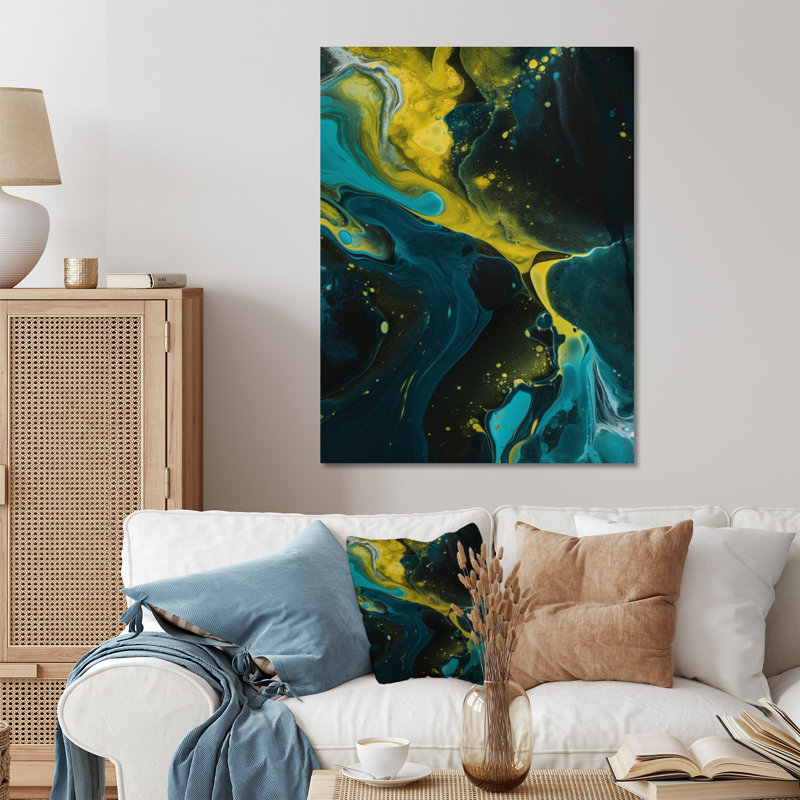 Décoration murale en métal bleu sarcelle et jaune Dreams I - formes abstraites, H 32 po x l 16 po x P 1 po