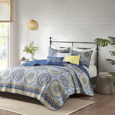 Très grand / très grand courtepointe en orange - motif floral audacieux avec médaillons, microfibre, lavable à la machine, 2 grands coussins en microfibre, 3