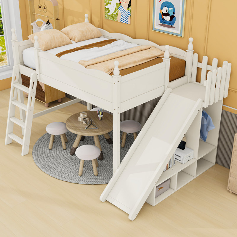 Lit mezzanine avec tablettes de rangement et échelle, glissade, Lit double, Beige