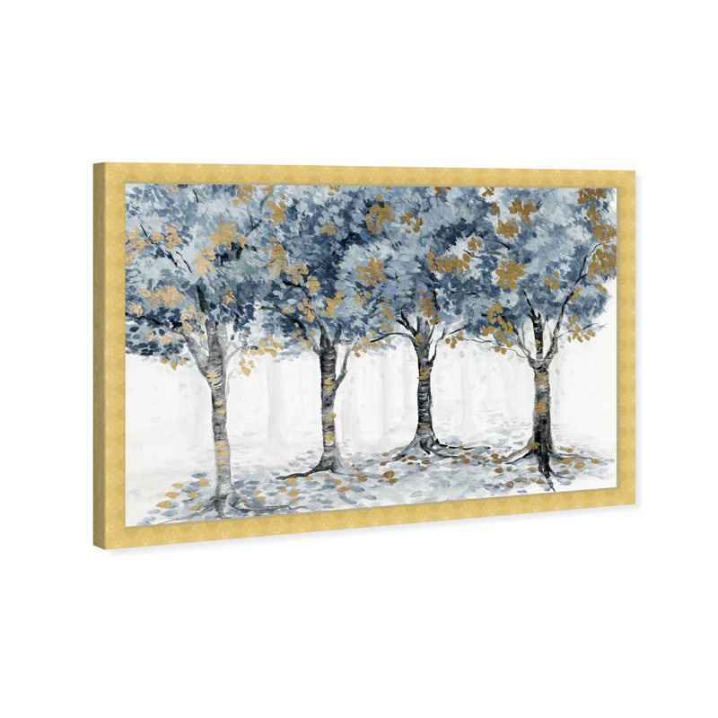 Forêt bleu pâle - Shadowbox, peinture sur papier, H 12 po x l 17 po, Cadre doré