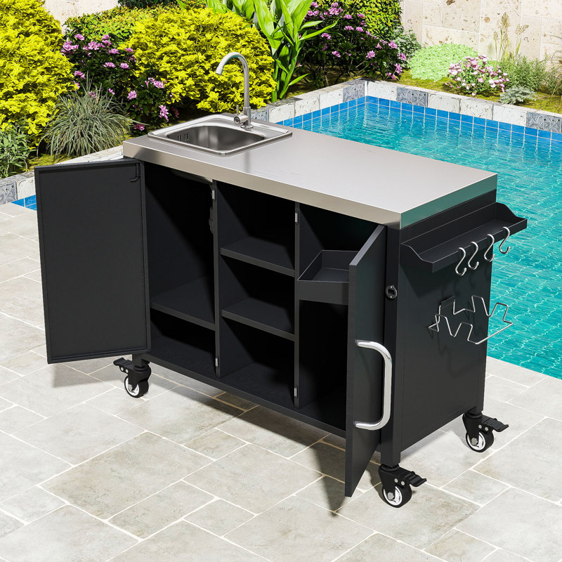 Chariot de cuisine pour roulettes avec évier, plateau en acier inoxydable, grand rangement et support à épices réglable