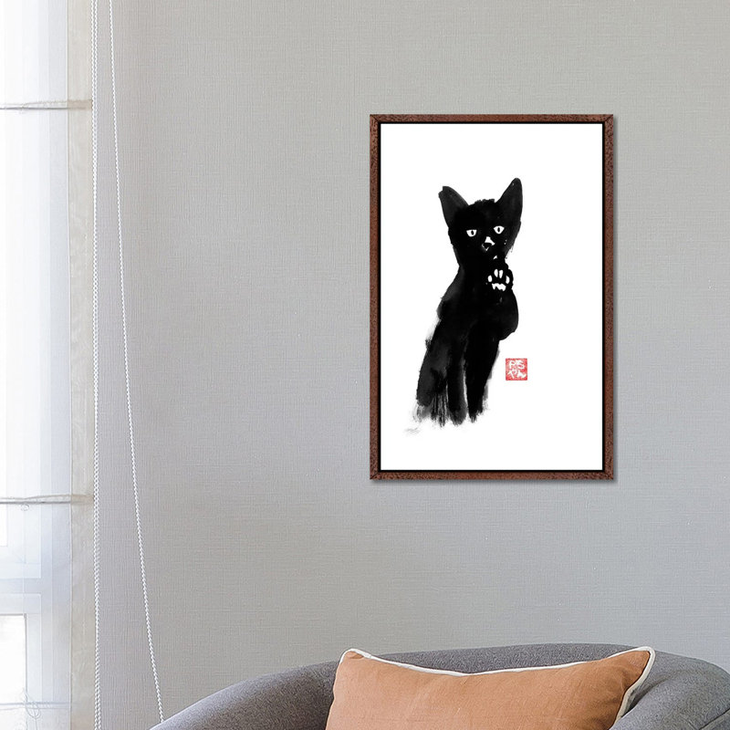 Demanding Cat by Péchane - Print on Canvas, 66.04 cm H x 45.72 cm W, Classic Brown Wood Framed