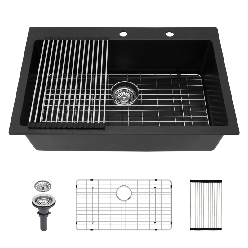 Évier de cuisine en quartz - Évier de cuisine en composite de granite noir 33 po x 22 po x 9,65 po