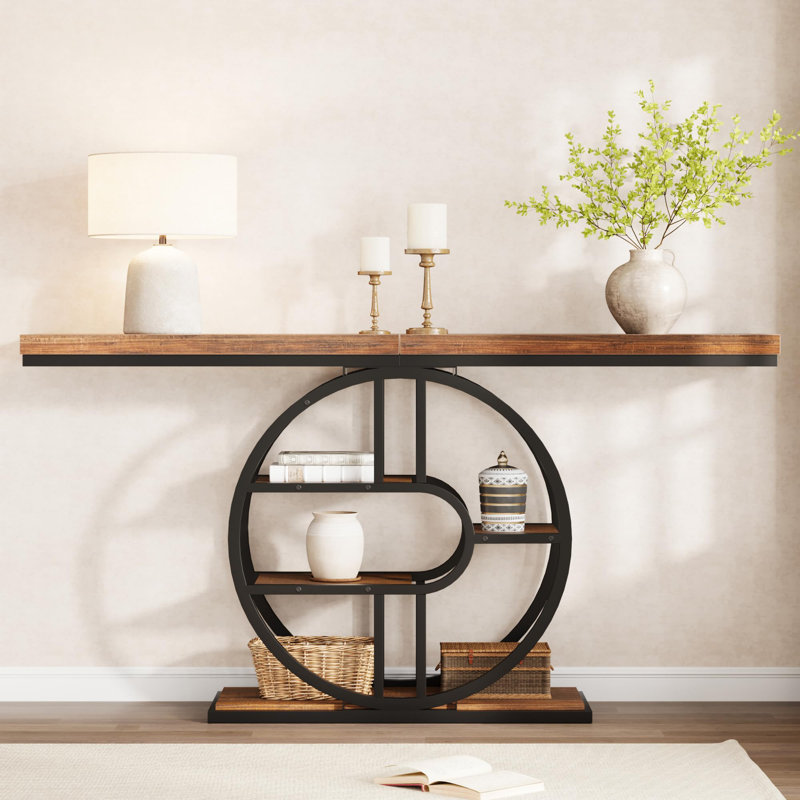 55" Entryway Table with 5-Tier Storage, Industrial Narrow Console Sofa Table with O-Shaped Metal Frame, Flame Pattern