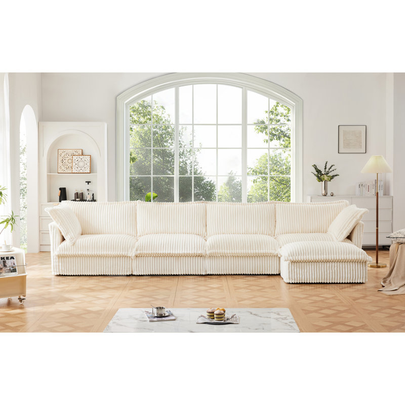 Slipcovered L Shape Sectional Long Sofa Couch, 4 Seater With Suppleness Armrests, Deep Seat And 2 Big Pillows, Comfy For Living Room, Apartment, Corduroy Fabric