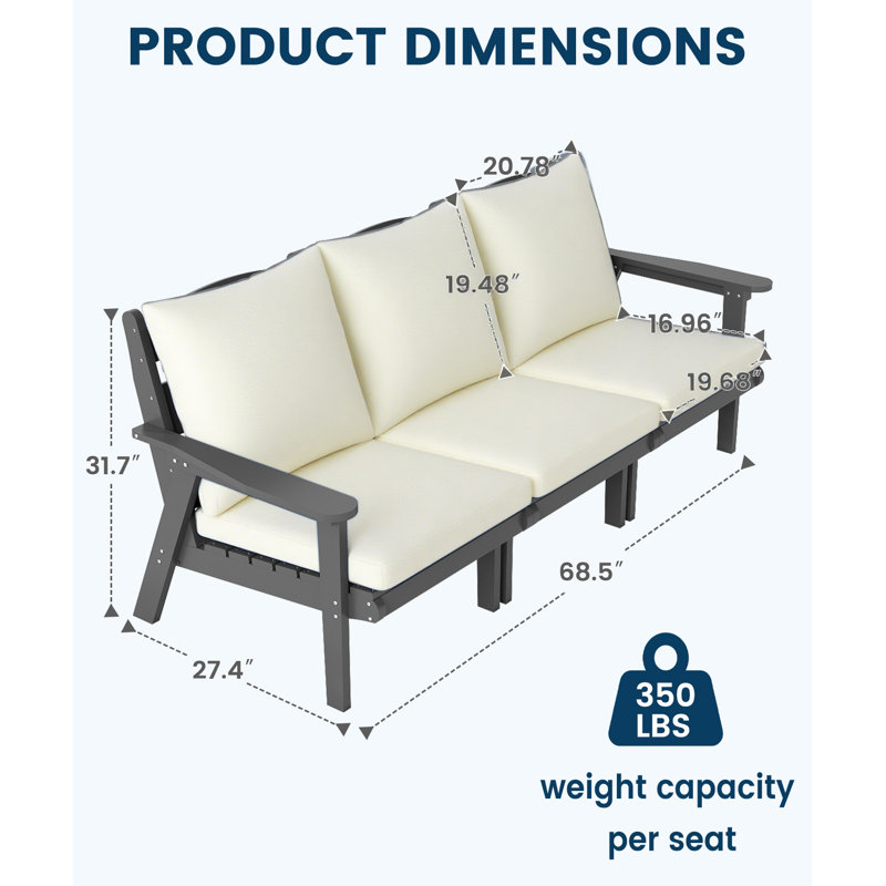Hdpe Outdoor 3-Seater Sofa, Gray, White
