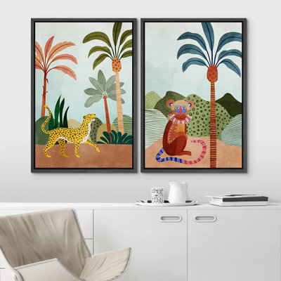 Bright Preppy Animals " Wild Tropical Jungle Safari Cheetah & Monkey Nature " 2 - Pieces