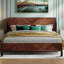 Très grand lit plateforme en bois d'acacia massif avec tête de lit et pied de lit RORNS Bifrost, design Art déco de style Mid-Century, aucun sommier requis, support de lattes robuste, résistant aux égratignures et à l'eau, finition noyer-1016486412-1016486411