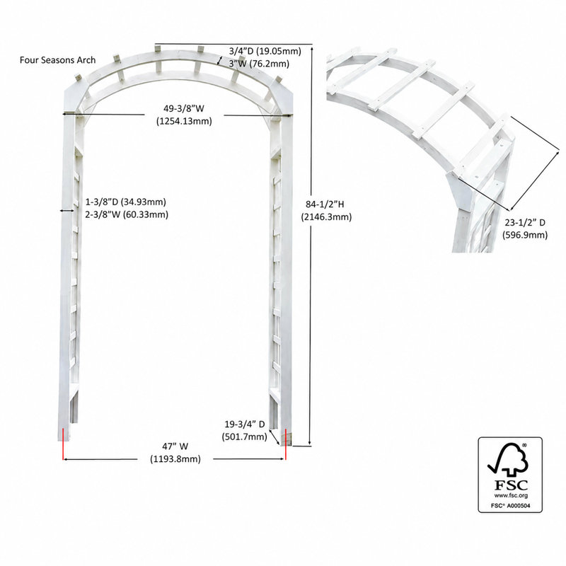 125.4cm W x 59.6cm D Solid Wood Arbour, White