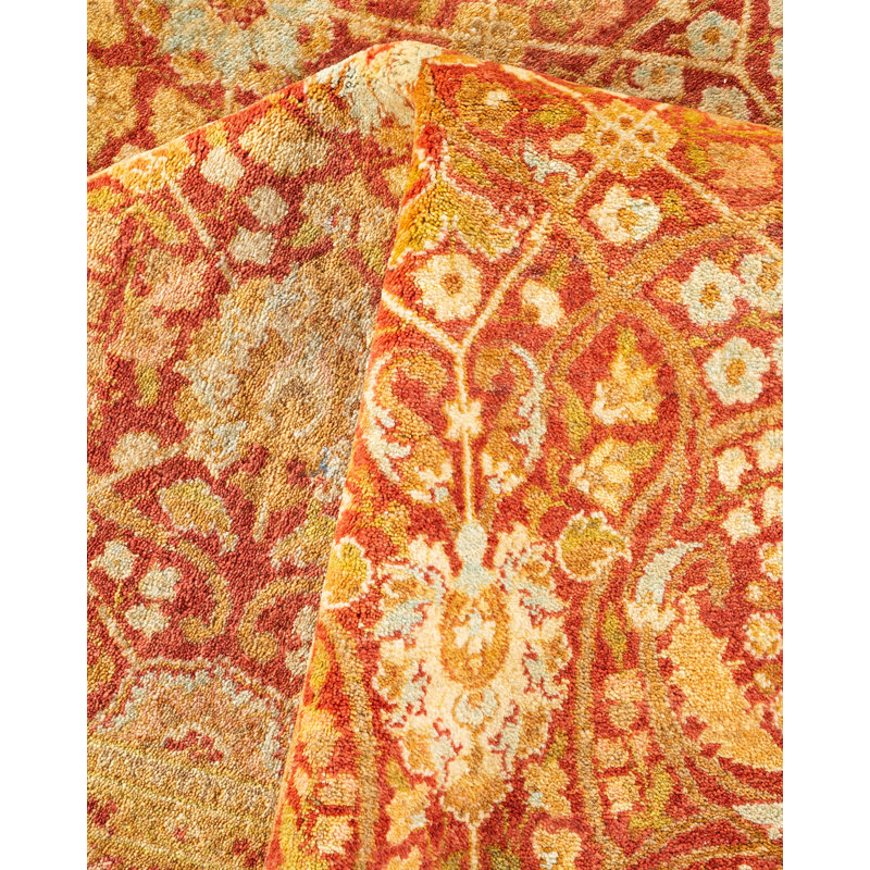 Tapis orange en laine noué à la main de conception unique 6 pi 1 po x 9 pi 1 po Mogul