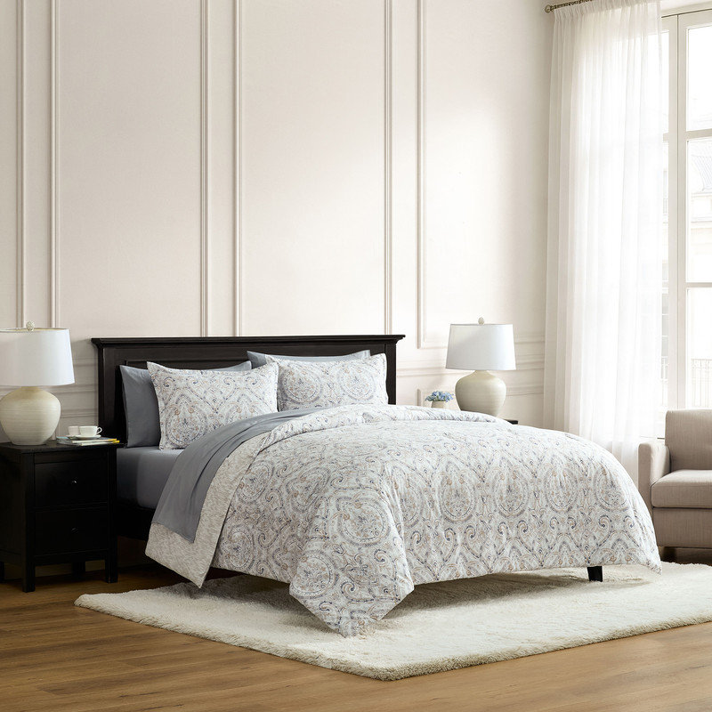 Ensemble de literie 7 pièces Lanwood Felicia Dark Floral, motif damassé réversible, microfibre brossée, confort toutes saisons, King/California King (1 couette + 2 taies d'oreiller + 1 drap plat + 1 drap-housse + 2 housses de coussin)