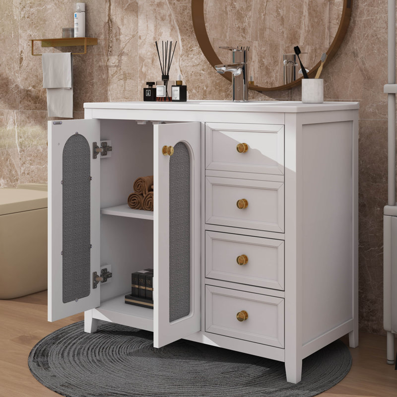 Meuble-lavabo de 36 pouces avec deux portes à fermeture douce, des tablettes réglables et trois tiroirs, Blanc