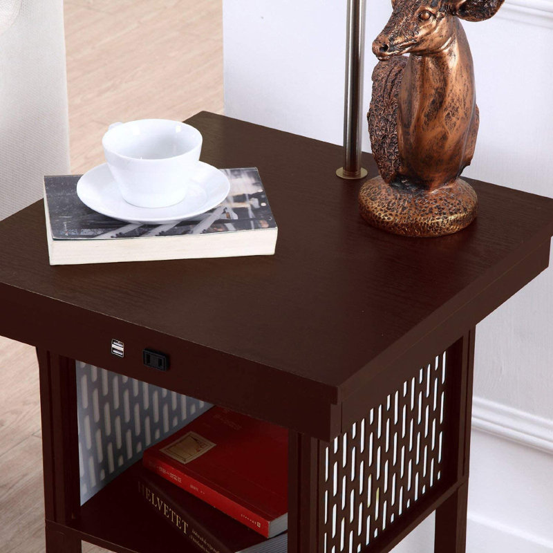 Modern Drum End Table With USB Charging And Ceramic Shade, Brown, Brown