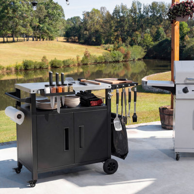 Îlot de cuisine en métal et chariot de barbecue en métal | Station de préparation pour barbecue avec plateau en acier inoxydable, support à épices et couvercle libre