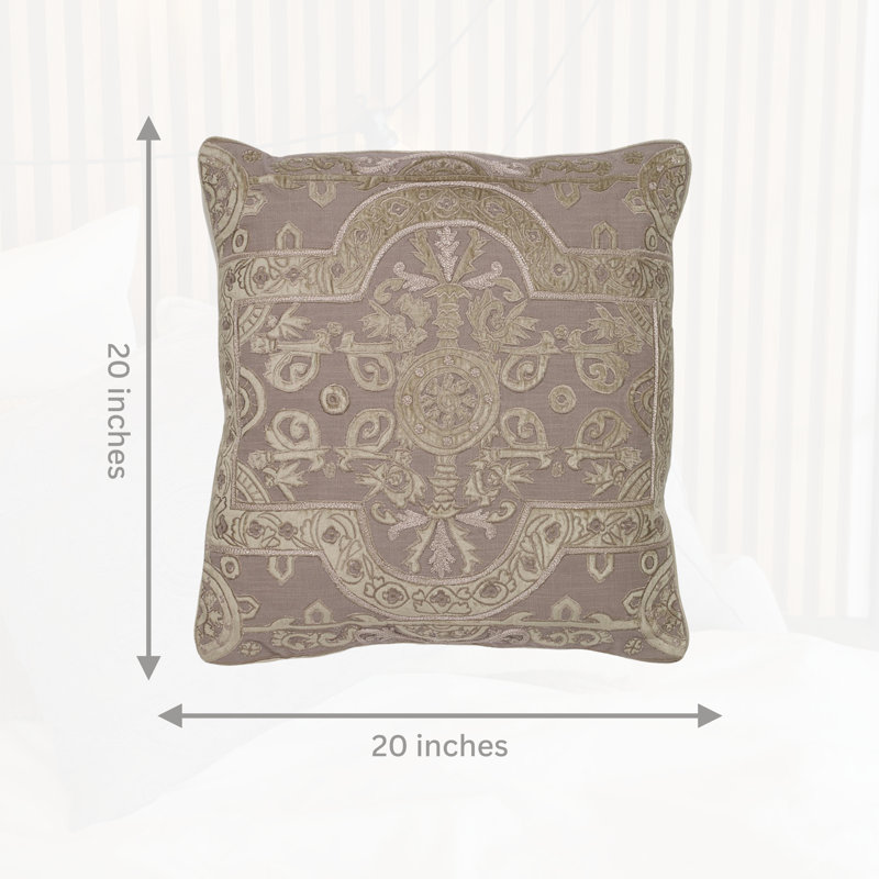 Square Brown and Cream Velvet Applique Embroidered Linen Pillow