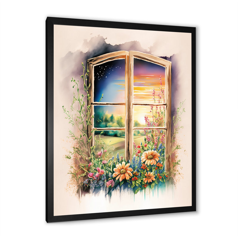 Été coucher de soleil floral fenêtre III - ferme fenêtres, reproduction sur toile, H 40 po x l 30 po, Cadre photo noir
