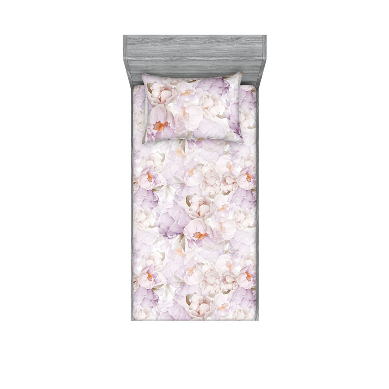 Drap-housse et taies décoratives Ambesonne, Mauve pâle, orange / floral, Ensemble de draps pour lit simple avec 1 taie d'or