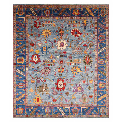Tapis bleu clair / rouge de haute qualité noué à la main