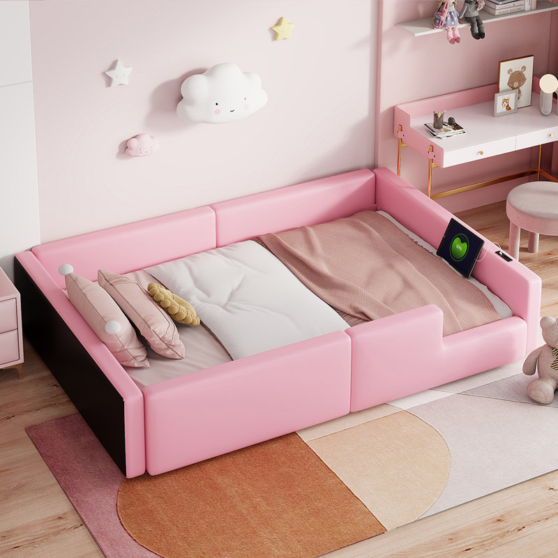 Lit plateforme simple tapissier avec garde-corps et station de charge, rose