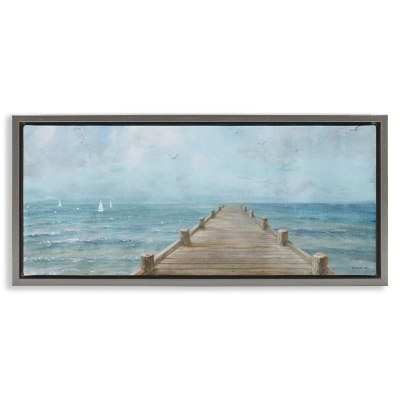 Vue sur l'océan, bord de mer et jetée, Cadre flottant gris lustré, H 11 po x l 25 po