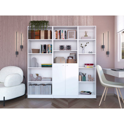 Ensemble de bibliothèque 3 pièces, 67 po de largeur avec 13 tablettes et armoire à deux portes, ensemble de salon