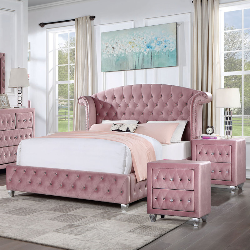 Waldschmidt Upholstered Standard Bedroom Set, Full, Pink, 3 Pcs: Bed, 2 Nightstands