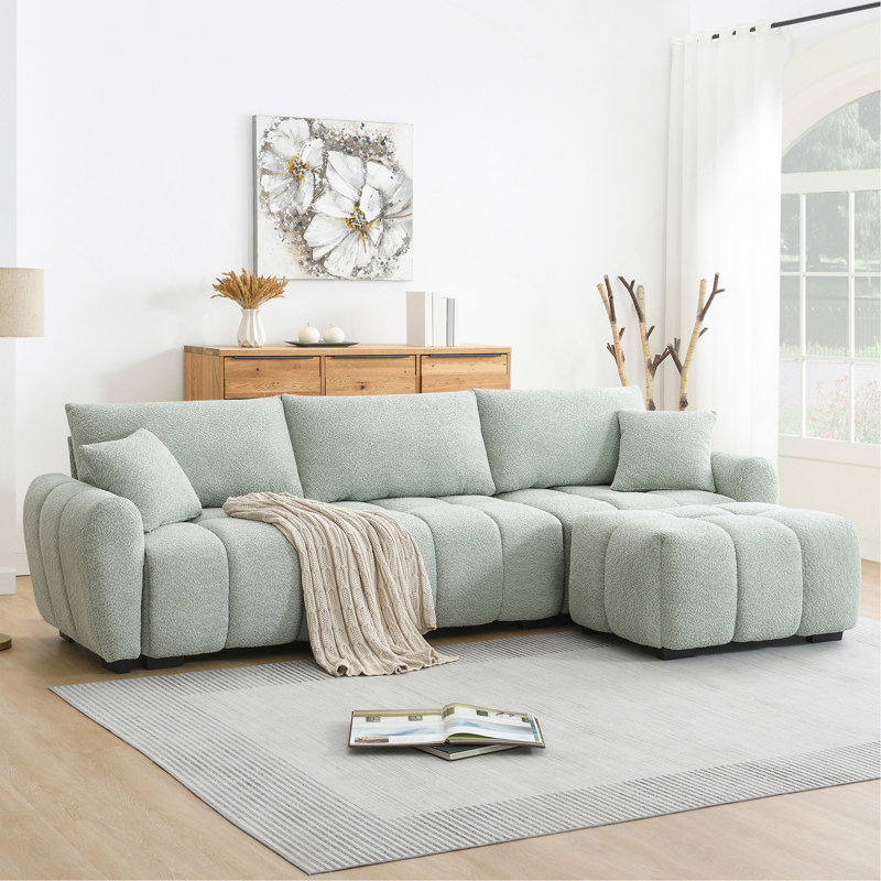 110" Modular Sectional Sofa, Light Green Boucle
