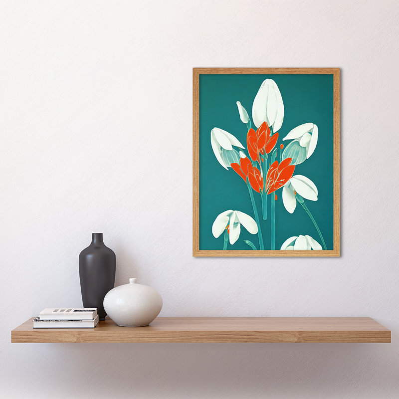 Abstract Retro Snowdrops Red Flowers 1 Piece Wall Art, 43cm H x 33cm W, Light Brown Framed Paper