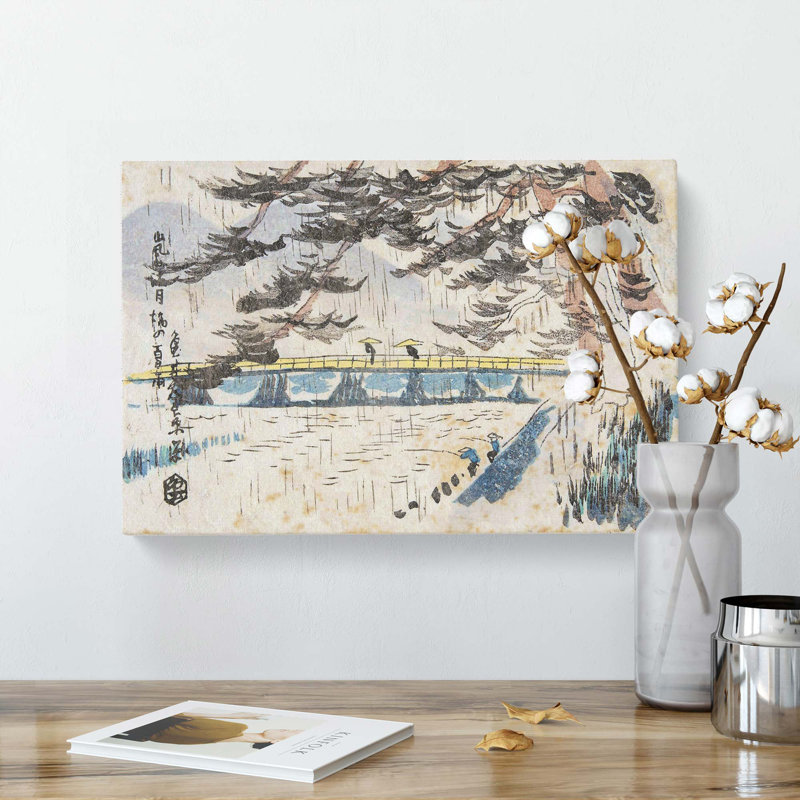 Bridge In The Rain by Yoshida Hanbei - Wrapped Canvas Painting, 40cm H x 60cm W x 3cm D