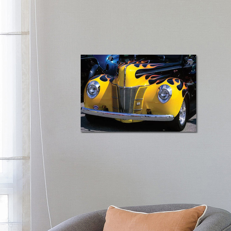 1939-1940 Ford Flame Job Painted Hot Rod Automobile Hood Headlights Grill Front Bumper - Wrapped Canvas Print