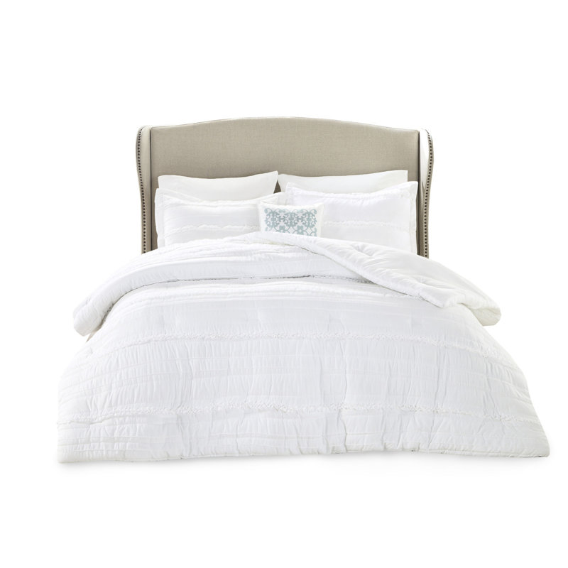 5 Piece Comforter White - Microfiber With Filling And Embroidery Detail, Includes Comforter, 2 Shams, Decorative Pillow, Bed Skirt, Machine Washable Ruffled Filling,