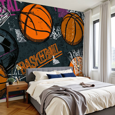 Papier peint à peler et coller abstrait grunge sport textile basketball moderne Extreme garçons, papier peint H 100 po x l 144 po, amovible, papier peint en PVC, peintures murales auto-adhésives, décoration pour enfants, chambre à coucher, salon, chambre de bébé, bureau