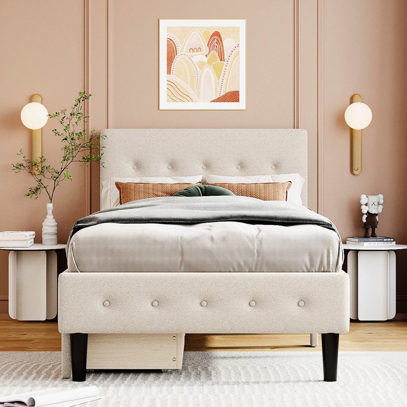 Lit plateforme simple tapissier à 2 tiroirs beige - Style ferme et avant-gardiste avec 2 tiroirs