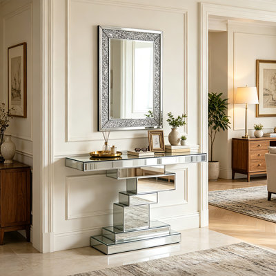 2-Piece Silver Mirrored Console Table & Crushed Diamond Wall Mirror Set Sofa Table with Stepped Base