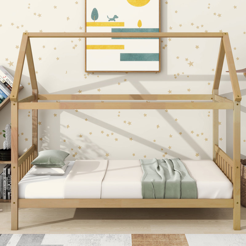 House Bed With Headboard And Footboard, Twin Rubber Wood Bed With House Frame, Oak