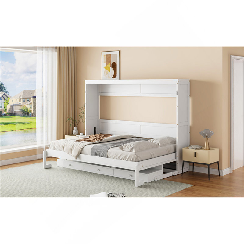 Grand lit escamotable mural avec rangement, lit armoire pliable avec coiffeuse, miroir central 2 tiroirs latéraux, blanc