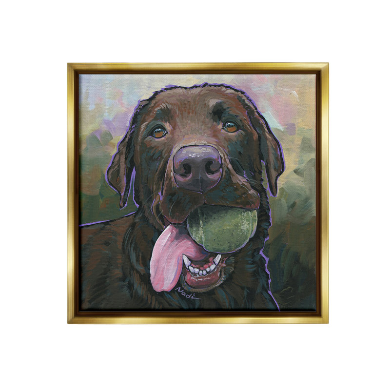 "Chien jouant au ballon" par Nadi Spencer sur toile, Cadre flottant métallique doré, H 25 po x l 25 po