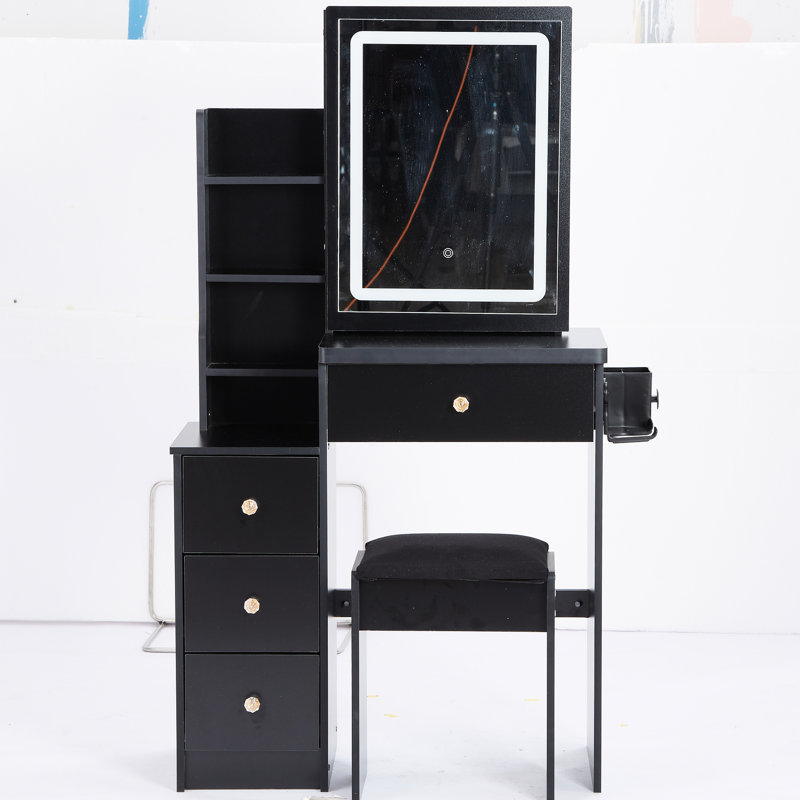 Black Dressing Table And Stool - 2 Ac & , Touch Control Led Mirror With , American Design Small Bedroom Chair, + Chargers, Large Sliding Touch-Control Mirror, , , Finish