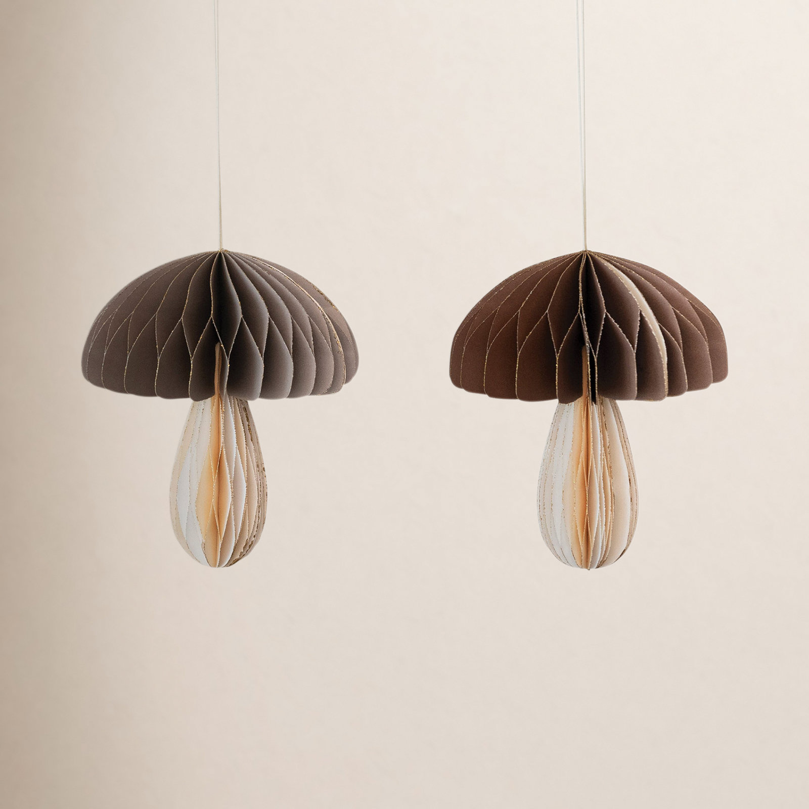 Paper Mushroom Folding Honeycomb Ornament Set With Gold Glitter Edge