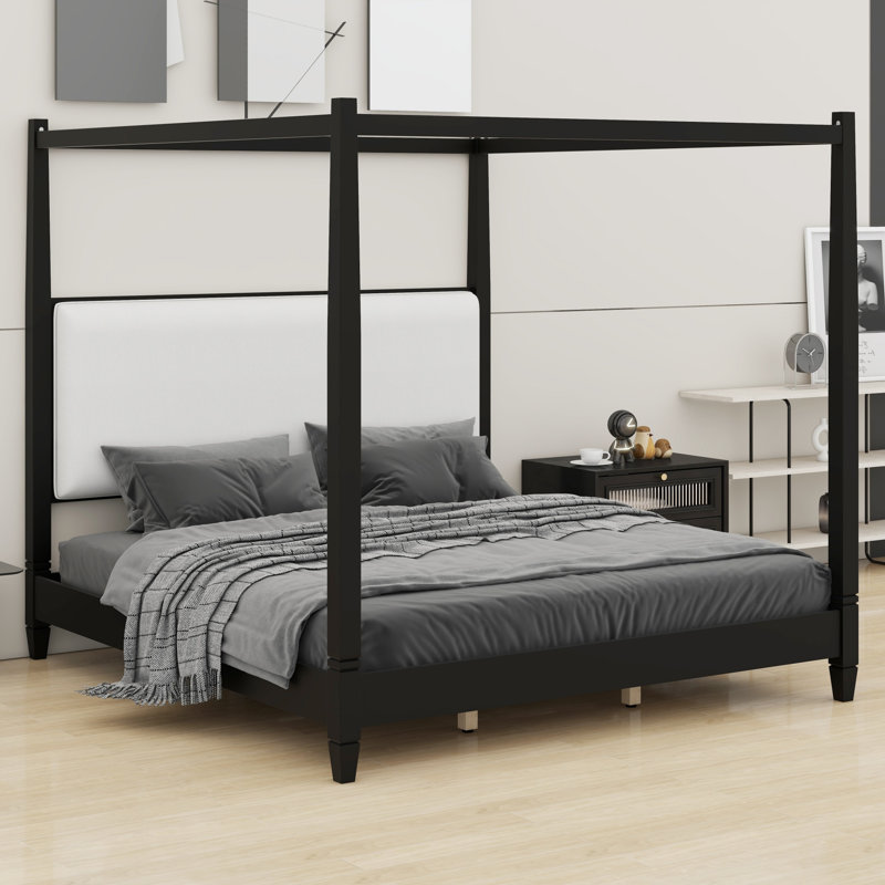 Lit plateforme à baldaquin élégant avec tête de lit tapissier et système de support à lattes en bois durable, King, Black