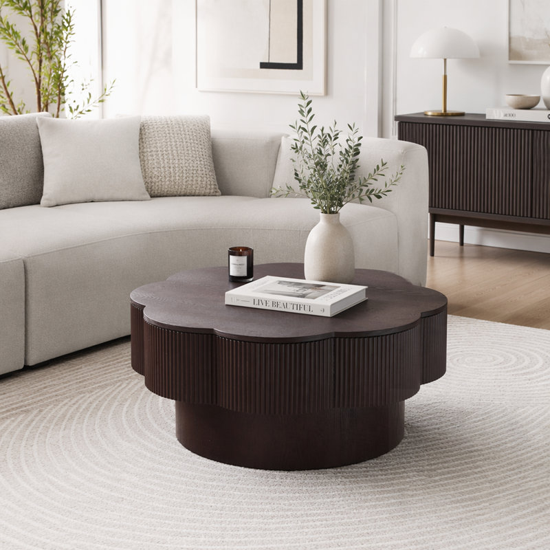 Table basse moderne en forme de fleur avec rangement caché, placage de bois naturel, assemblage facile, brun foncé