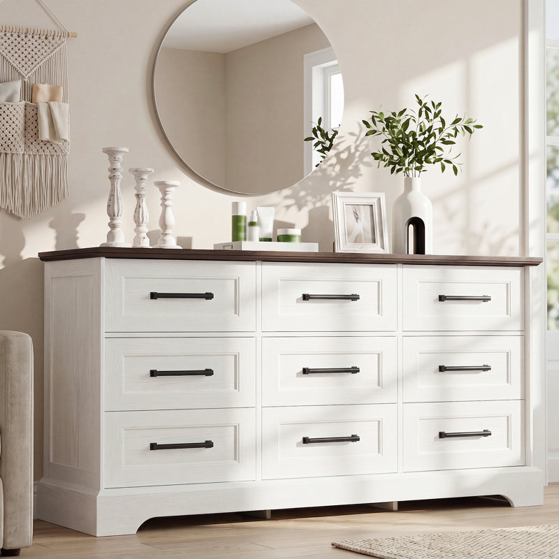 Commode de rangement à 9 tiroirs, commode en bois avec tiroirs coulissants silencieux, ancrage mural anti-basculement, armoire de rangement pour vêtements de grande capacité pour la chambre à coucher