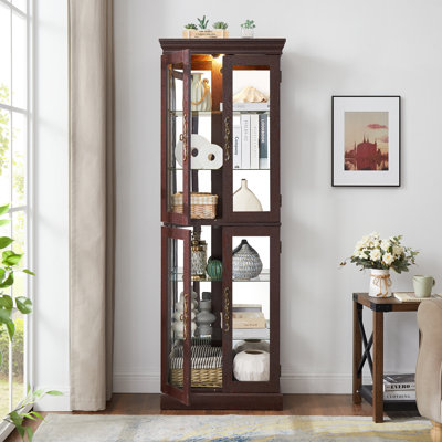 Lighted Glass Curio Display Cabinet With Dark Cherry Wood Frame, Ideal For Showcasing Collectibles And Enhancing Home Decor.