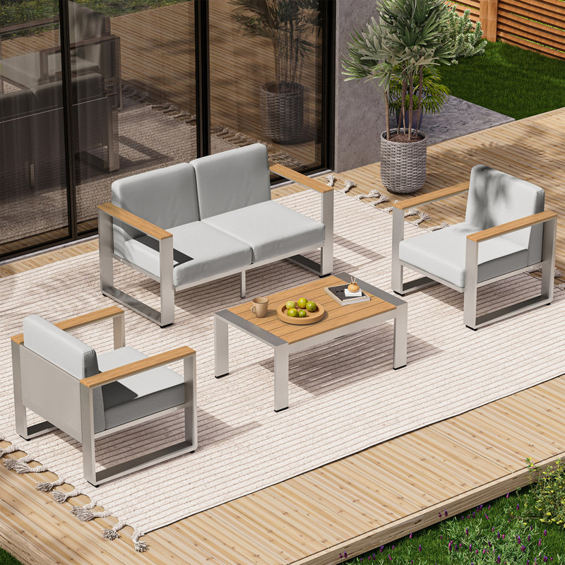 4 PCS Outdoor Conversation Set, Oak Wood/Silver, Light Gray, 4 Pcs: Table, 2 Chairs, Loveseat