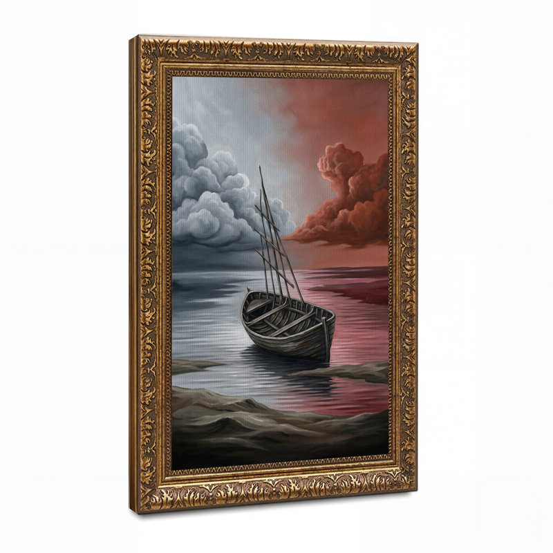 Toile en bois sur l'eau sous des nuages rouges et gris, art mural sur toile, H 24 po x l 16 po