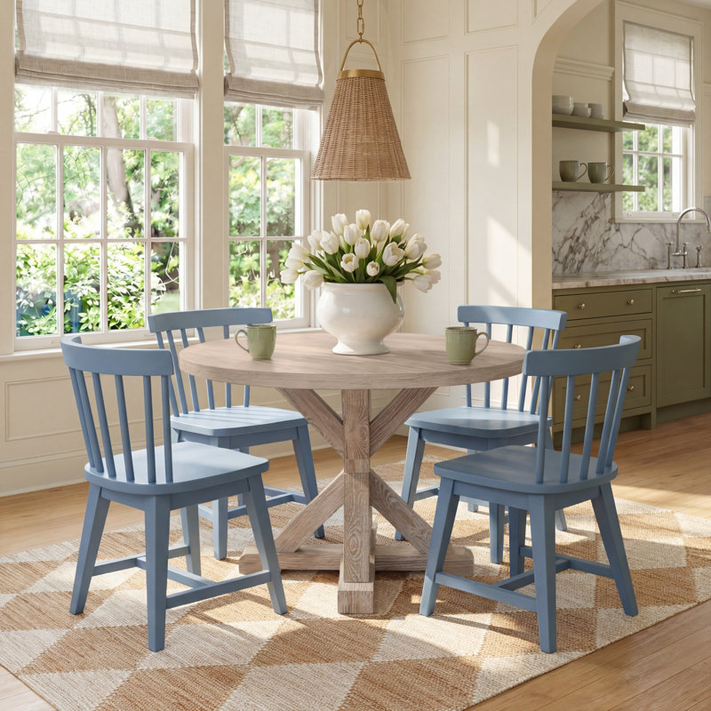 Lana Round Dining Table Set With Blue Wooden Side Chairs