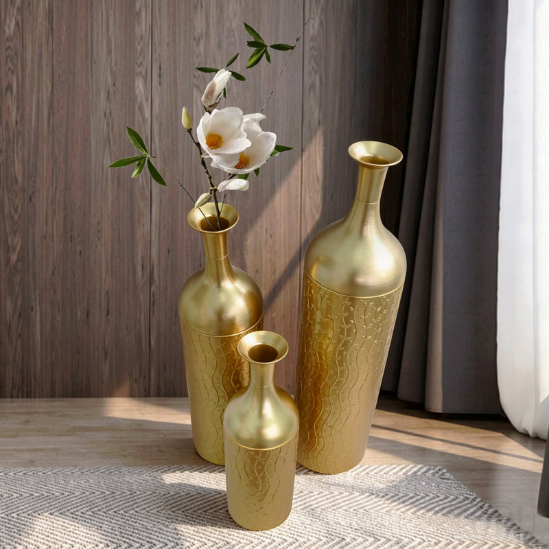 Ensemble de 3 vases décoratifs en métal, vases de sol à motif de feuilles d'or, grands vases dorés pour la décoration intérieure, décoration de salon et d'entrée